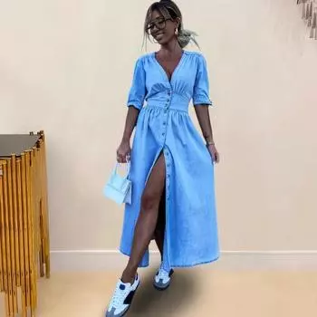 Женское летнее платье с тонким вырезом на талии и высоким плиссированным трапециевидным вырезом с большим глубоким V-образным вырезом на шнуровке и узлом M светло-синий