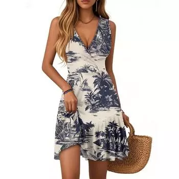 Женское летнее платье с V-образным вырезом, без рукавов, повседневное, с гавайским принтом, плиссированное по подолу M бежевый