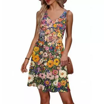 Женское летнее платье с V-образным вырезом в повседневном пляжном стиле для отпуска, в стиле ретро с цветочным принтом, без рукавов, с лоскутным дизайном L