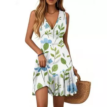 Женское летнее платье с V-образным вырезом, без рукавов, повседневное, с цветочным принтом, с плиссированным подолом XXL