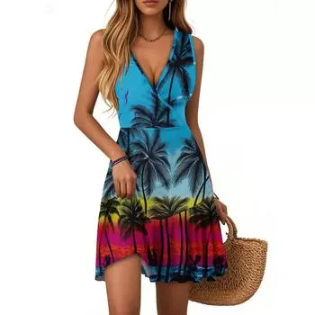 Женское летнее платье с V-образным вырезом, без рукавов, повседневное, с гавайским принтом, плиссированное по подолу L синий