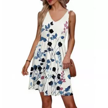 Женское летнее платье с V-образным вырезом в повседневном пляжном стиле для отпуска, в стиле ретро с цветочным принтом, без рукавов, с лоскутным дизайном XL бежевый