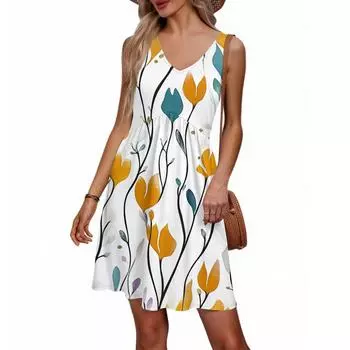 Женское летнее платье с V-образным вырезом в повседневном пляжном стиле для отпуска, в стиле ретро с цветочным принтом, без рукавов, с лоскутным дизайном S белый
