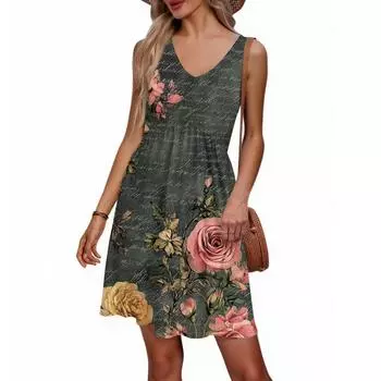 Женское летнее платье с V-образным вырезом в повседневном пляжном стиле для отпуска, в стиле ретро с цветочным принтом, без рукавов, с лоскутным дизайном XL