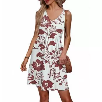Женское летнее платье с V-образным вырезом в повседневном пляжном стиле для отпуска, в стиле ретро с цветочным принтом, без рукавов, с лоскутным дизайном XL