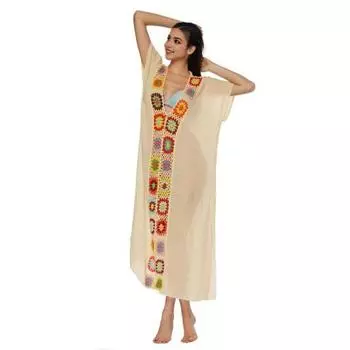 Женское летнее платье с v-образным вырезом и коротким рукавом, связанное крючком, с цветочным декором, прозрачное бикини, сплит-дизайн, анти-УФ, свободный крой, купальник, накидка