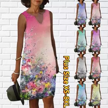Женское летнее платье с V-образным вырезом, маленькое свежее фрагментированное платье с цветочным принтом, повседневное модное платье без рукавов, повседневные свободные сексуальные платья размера плюс XS-8XL XS синий