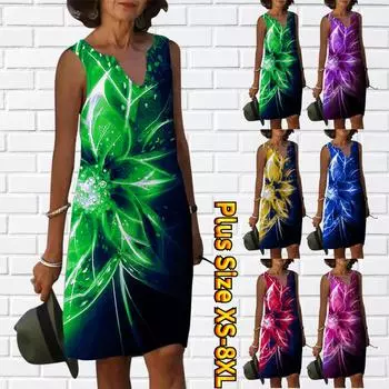 Женское летнее платье с V-образным вырезом и цветком с зелеными светящимися тычинками, повседневное модное платье без рукавов, повседневные свободные сексуальные платья размера плюс XS-8XL XS зелёный
