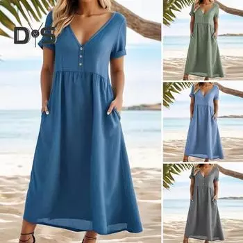 Женское летнее платье с v-образным вырезом трапециевидной формы, свободный подол, чистый цвет, с короткими рукавами, узкая талия, мягкие дышащие карманы, пляжное платье макси для отдыха 3XL небесно-голубой