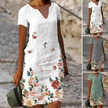 Женское летнее платье с v-образным вырезом и цветочным принтом, свободное прямое платье-пуловер длиной до колена, цветное платье миди, женская одежда L белый