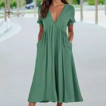 Женское летнее платье с V-образным вырезом и трапециевидным вырезом, свободный подол, чистый цвет, плиссированные с короткими рукавами, узкая талия, мягкие дышащие карманы, пляжное платье миди для отдыха S небесно-голубой