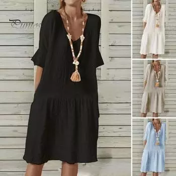 Женское летнее платье с v-образным вырезом трапециевидной формы, свободное однотонное платье с короткими рукавами, мягкое дышащее лоскутное платье длиной до колена, повседневное повседневное платье миди XL светло-синий