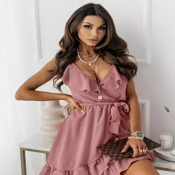 Женское летнее платье с v-образным вырезом и нерегулярными рюшами и открытой спиной без рукавов S розовый