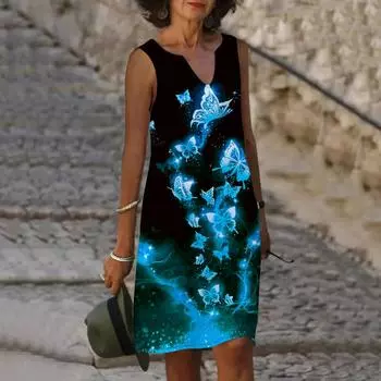 Женское летнее платье с v-образным вырезом и золотым принтом бабочки, повседневное модное платье без рукавов, повседневные свободные сексуальные платья размера плюс XS-8XL XS красный