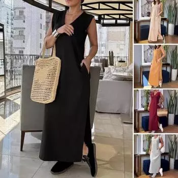 Женское летнее платье с V-образным вырезом, свободное однотонное платье без рукавов в стиле ретро, с разрезом по бокам до щиколотки, боковые карманы L светло-серый