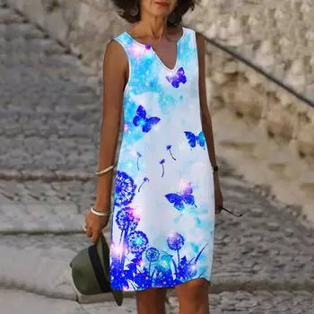Женское летнее платье с v-образным вырезом Pink Dream с принтом бабочки, повседневное модное платье без рукавов, повседневное свободное сексуальное платье размера плюс XS-8XL XS фиолетовый