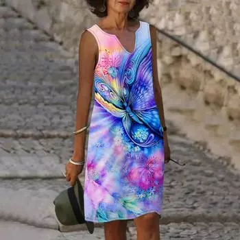 Женское летнее платье с v-образным вырезом и принтом розы и бабочки, повседневное модное платье без рукавов, повседневные свободные сексуальные платья размера плюс XS-8XL XS синий