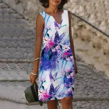 Женское летнее платье с v-образным вырезом и фиолетовым цветком и бабочкой, повседневное модное платье без рукавов, повседневное свободное сексуальное платье размера плюс XS-8XL XS фиолетовый