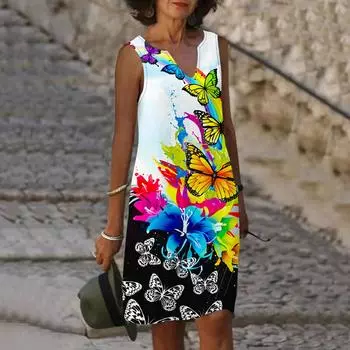 Женское летнее платье с V-образным вырезом и цветочным принтом бабочки и жимолости, повседневное модное платье без рукавов, повседневные свободные сексуальные платья размера плюс XS-8XL XS розовый