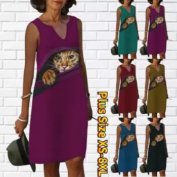 Женское летнее платье с V-образным вырезом «Маленький котенок в кармане» и принтом, повседневное модное платье без рукавов, повседневные свободные сексуальные платья размера плюс XS-8XL XS зелёный