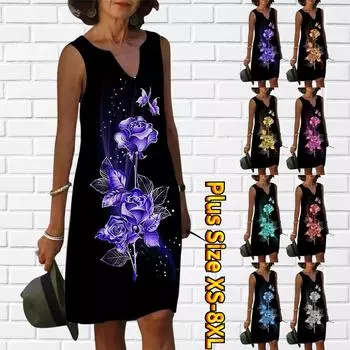 Женское летнее платье с V-образным вырезом, красивое фиолетовое платье с принтом розы на воде, повседневное модное платье без рукавов, повседневные свободные сексуальные платья размера плюс XS-8XL XS синий