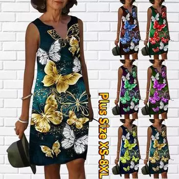 Женское летнее платье с V-образным вырезом «Бабочка летает как танец» Платье с принтом Повседневное модное платье без рукавов Повседневное свободное сексуальное платье размера плюс XS-8XL XS синий
