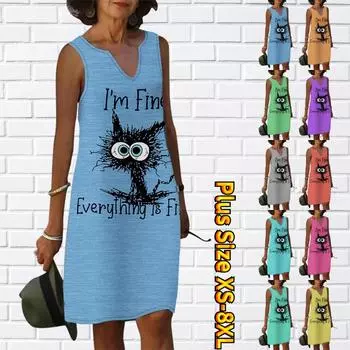 Женское летнее платье с v-образным вырезом и принтом жареного котенка с большими глазами, повседневное модное платье без рукавов, повседневное свободное сексуальное платье размера плюс XS-8XL XS синий
