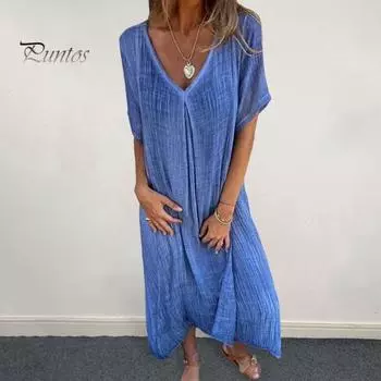 Женское летнее платье с v-образным вырезом и короткими рукавами, свободное однотонное тонкое, мягкое дышащее пляжное платье миди в богемном стиле до середины икры S оранжевый