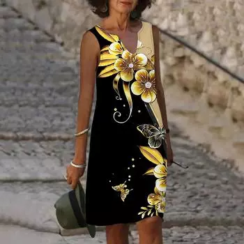 Женское летнее платье с v-образным вырезом и золотистым цветочным принтом, повседневное модное платье без рукавов, повседневное свободное сексуальное платье размера плюс XS-8XL XS золотой