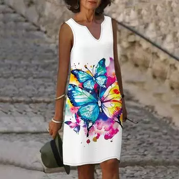 Женское летнее платье с v-образным вырезом и градиентным принтом бабочки, повседневное модное платье без рукавов, повседневное свободное сексуальное платье размера плюс XS-8XL XS белый