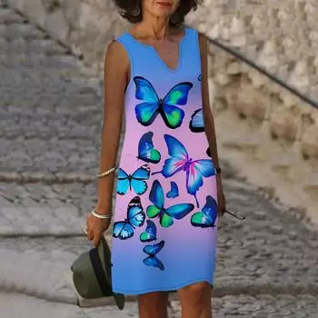 Женское летнее платье с v-образным вырезом и градиентным принтом бабочки, повседневное модное платье без рукавов, повседневное свободное сексуальное платье размера плюс XS-8XL XS фиолетовый