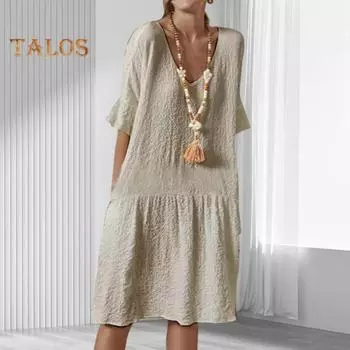 Женское летнее платье с v-образным вырезом трапециевидной формы, свободное однотонное платье с короткими рукавами, мягкое дышащее лоскутное платье длиной до колена, повседневное повседневное платье миди M светло-синий