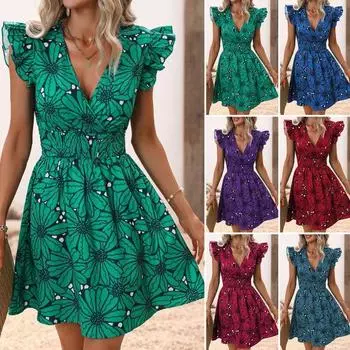 Женское летнее платье с V-образным вырезом и цветочным принтом, с высокой узкой талией, трапециевидной формы с развевающимися рукавами, плиссированными рюшами, вечеринкой для свиданий, отдыха, пляжа, мини-платья S зелёный