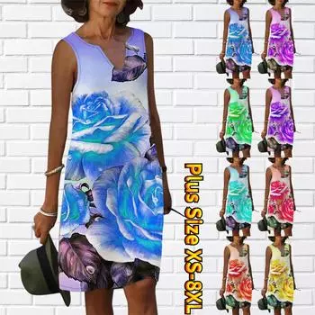 Женское летнее платье с V-образным вырезом, ароматное синее Platycodon Grandiflorum, платье с принтом, повседневное модное платье без рукавов, повседневные свободные сексуальные платья размера плюс XS-8XL XS синий