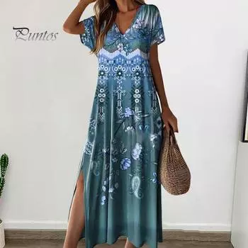 Женское летнее платье с V-образным вырезом и красочным принтом с боковым разрезом Свободное трапециевидное платье с короткими рукавами до щиколотки в стиле ретро в этническом стиле Мягкое пляжное платье макси для отдыха S кофейный