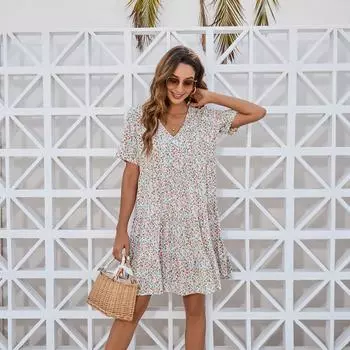 Женское летнее платье с v-образным вырезом и высокой талией, цветочным узором и короткими рукавами, рюшами S небесно-голубой