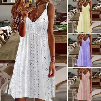 Женское летнее платье с V-образным вырезом без рукавов, а-силуэта, свободная спинка, чистый цвет, аппликация, дышащий большой подол, отпускной сарафан, пляжное мини-платье L жёлтый