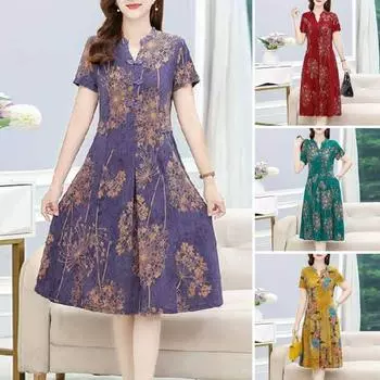 Женское летнее платье с V-образным вырезом и длинным рукавом в китайском стиле с короткими рукавами и принтом трапециевидной формы со плиссированными карманами длиной до колена для женщин среднего возраста для мамы-миди 6XL зелёный