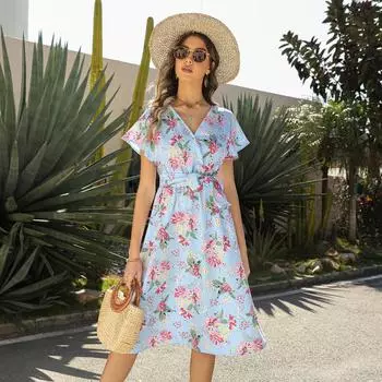 Женское летнее платье с v-образным вырезом и коротким рукавом с высокой талией, повседневное шикарное платье трапециевидной формы с цветочным принтом, S-XXL S чёрный