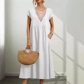 Женское летнее платье с v-образным вырезом и короткими рукавами, однотонное, свободное, трапециевидное, плиссированное, с мягкими карманами, длиной до середины икры, платье-миди Bech 2XL темно-синий