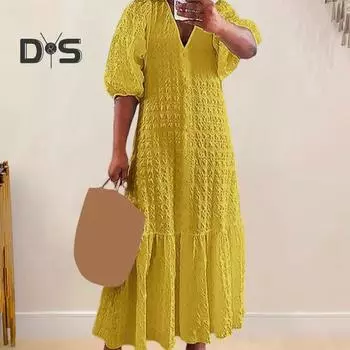 Женское летнее платье с V-образным вырезом и половиной рукавов, сплошной цвет, свободное трапециевидное лоскутное платье с рюшами до щиколотки, однобортное пляжное платье макси больших размеров M светло-синий