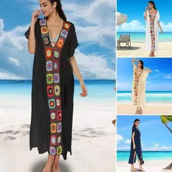 Женское летнее платье с v-образным вырезом и коротким рукавом, связанное крючком, с цветочным декором, прозрачное бикини, сплит-дизайн, анти-УФ, свободный крой, купальник, накидка синий