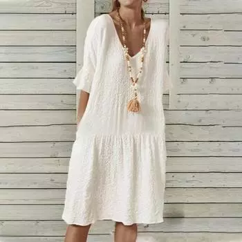 Женское летнее платье с v-образным вырезом трапециевидной формы, свободное однотонное платье с короткими рукавами, мягкое дышащее лоскутное платье длиной до колена, повседневное повседневное платье миди XL светло-синий