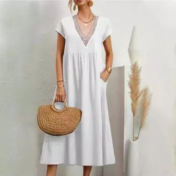 Женское летнее платье с v-образным вырезом и короткими рукавами, однотонное, свободное, трапециевидное, плиссированное, с мягкими карманами, длиной до середины икры, платье-миди Bech 2XL темно-синий