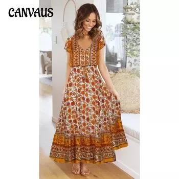 Женское летнее платье с v-образным вырезом и коротким рукавом с завязками, богемные свободные платья с цветочным принтом