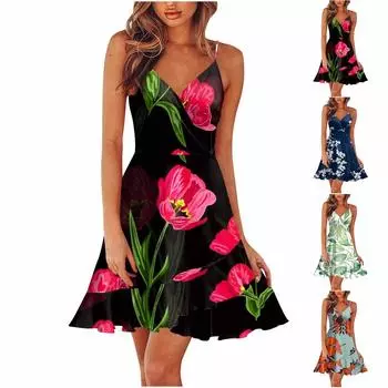 Женское летнее платье с V-образным вырезом и регулируемыми бретельками со складками на груди, повседневное платье с рюшами, летнее пляжное платье длиной до колена, платье с открытой спиной и открытыми плечами S красный