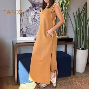 Женское летнее платье с V-образным вырезом, свободное однотонное однотонное платье без рукавов в стиле ретро с разрезом по бокам до щиколотки, боковые карманы, повседневная повседневная одежда, платье макси L светло-серый