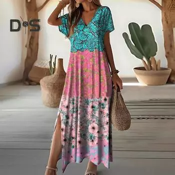 Женское летнее платье с V-образным вырезом и красочным принтом с боковым разрезом Свободное трапециевидное платье с короткими рукавами до щиколотки в стиле ретро в этническом стиле Мягкое пляжное платье макси для отдыха M фиолетовый