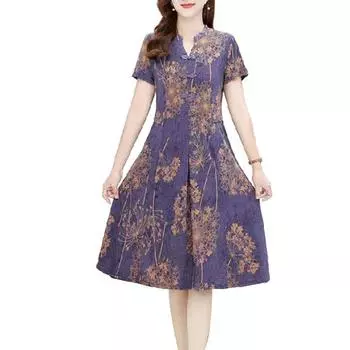 Женское летнее платье с V-образным вырезом и длинным рукавом в китайском стиле с короткими рукавами и принтом трапециевидной формы со плиссированными карманами длиной до колена для женщин среднего возраста для мамы-миди XL зелёный