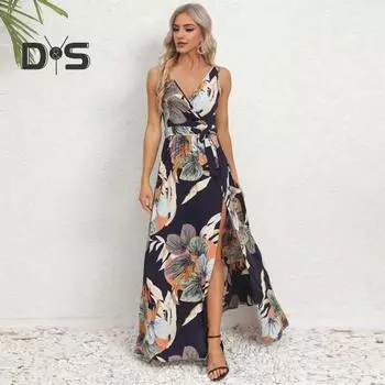 Женское летнее платье с V-образным вырезом и красочным принтом без рукавов на шнуровке с поясом с высокой талией и разрезом подол длиной до пола, плиссированное мягкое пляжное платье макси для отдыха M белый